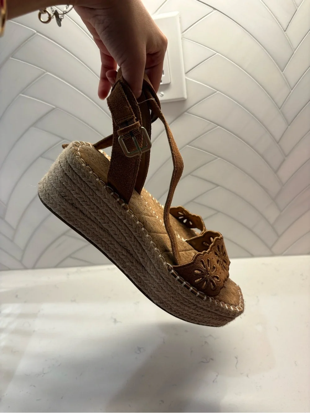 Crown Vintage Tan Suede Floral Cutout Espadrille Wedge Sandals